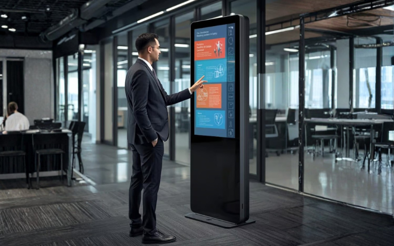 Corporate-employee-interacting-with-touchscreen